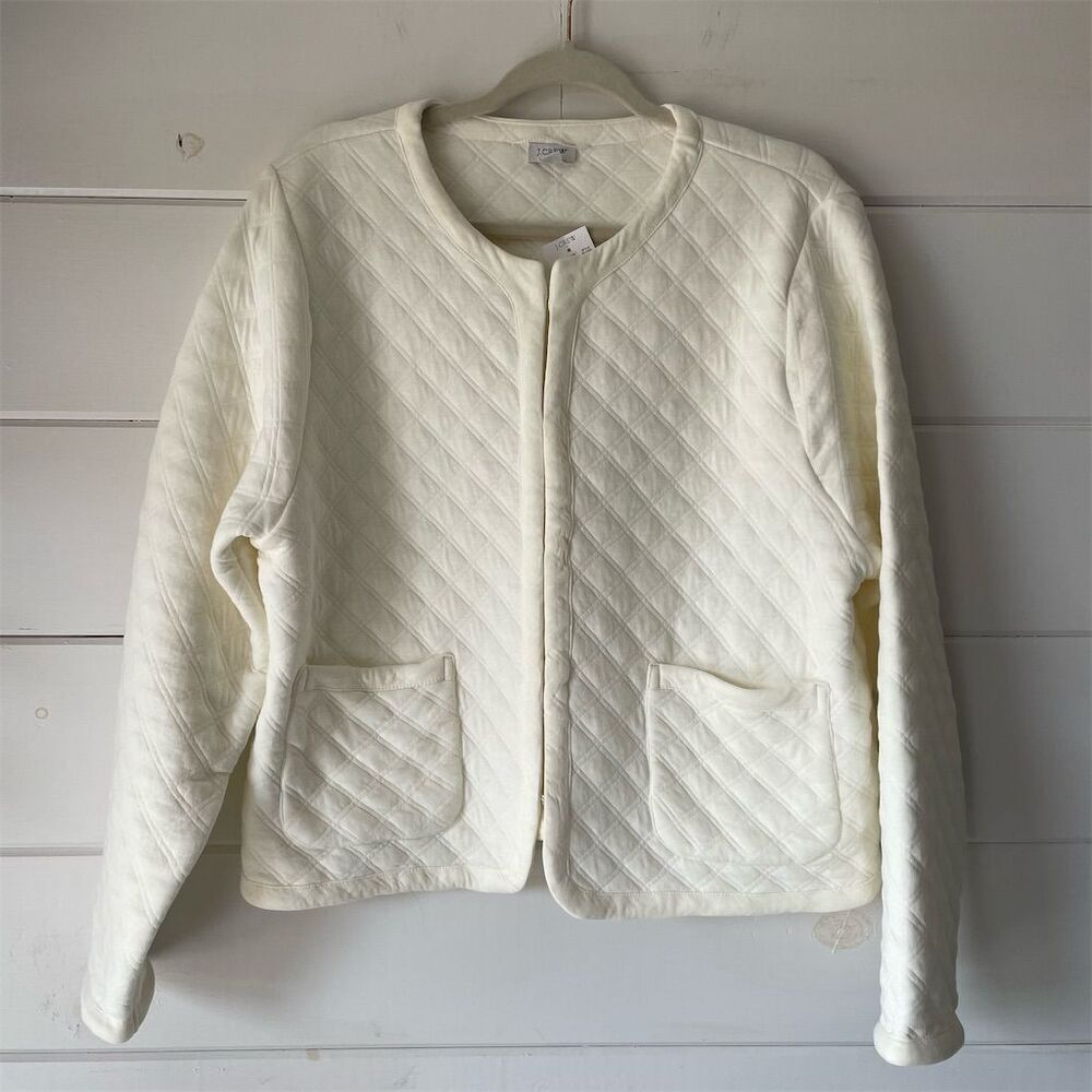 J.Crew Factory Women's Quilted Jacket Size XL Cream Long Sleeve Patch‎ Pockets